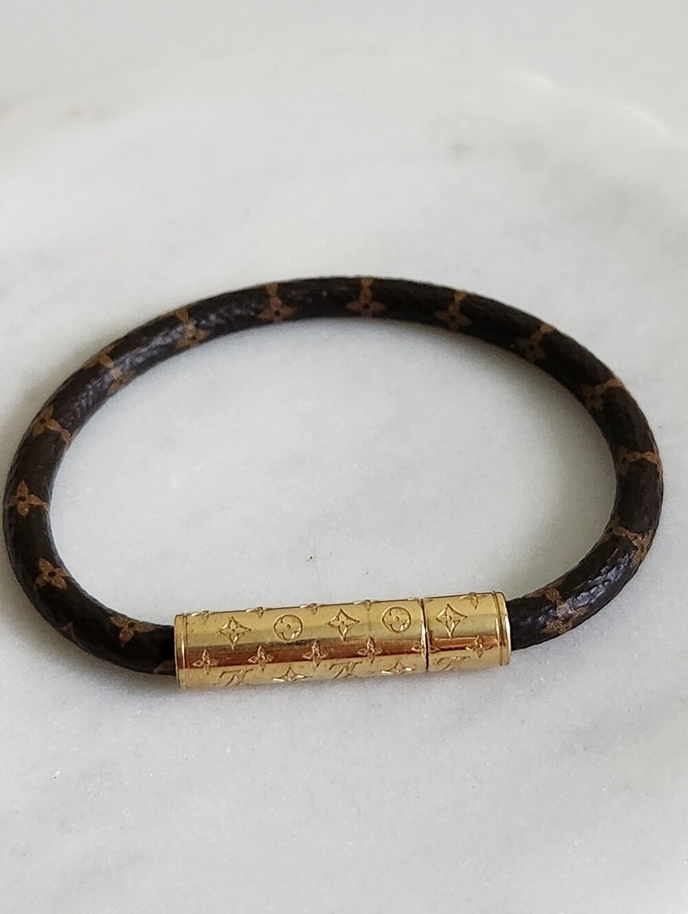 Louis Vuitton Brown Monogram Leather Bracelet with Gold Clasp